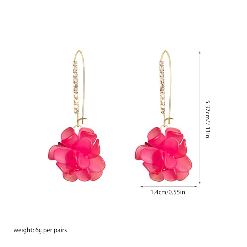 Boho Flower Dangle Earrings for Women Long Drop Resin Acrylic Tiered Petal Statement Earrings Handmade Lightweight Vintage Floral Chunky Drop Jewelry - color: Hot Pink