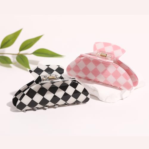 2PCS Checkered Hair Clips for Women Girls – Trendy Acetate Medium Claw Clips, Preppy Style Hair Accessories for Thin Hair - color: checked