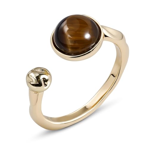 Tigers Eye Ring for Women - 14K Gold Plated Natural Gemstone Adjustable Open Ring, Double Brown Ring for Gift