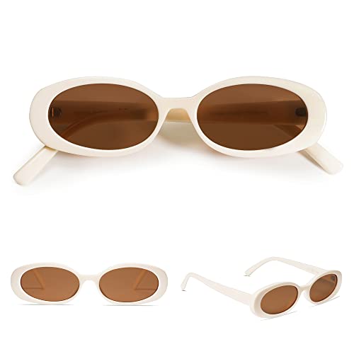 VANLINKER Polarized Retro Oval Sunglasses for Women and Men Small 90s Style VL9580 - color: C14 Milky White Frame/Brown Lens