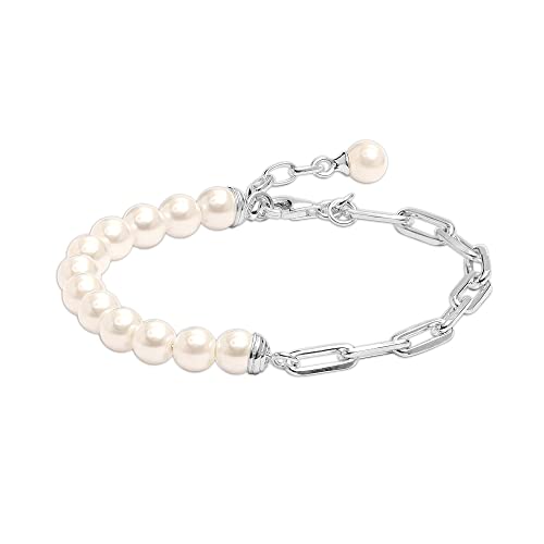 LeCalla Pure 925 Sterling Silver Italian Paperclip Link Chain Bracelets | Gold Over Silver Paper-Clip Link Station Bracelet | Sliding Bolo Bracelet for Women - color: Pearl Paperclip Link