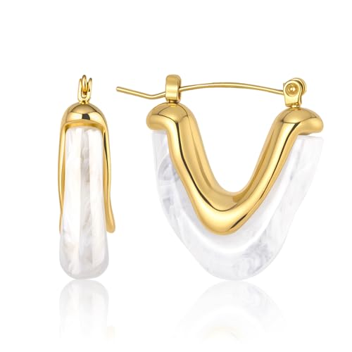 Fullpop Vintage Earrings for Women, Chunky 14K Gold Plated Resin Hoop Earrings Lightweight Hollow Drop Earrings Hypoallergenic Earrings for Women Vintage Anthropologie Jewelry Gifts for Women - size: V Shape White