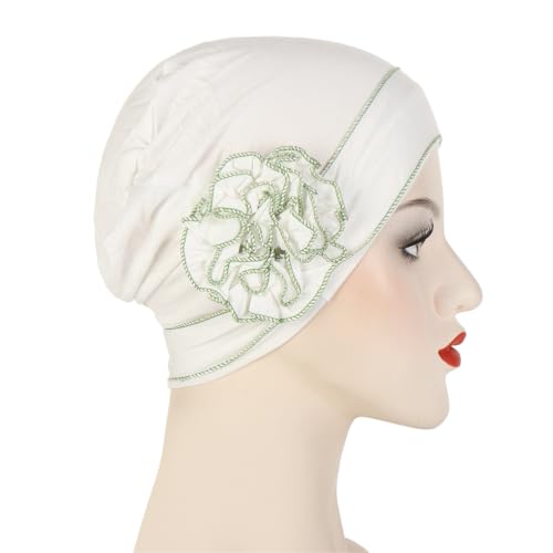 Headwrap Turbans for Women - Twist Soft Floral Solid Caps Pre Tied Chemo Beanies Headwear Hat for Cancer - color: White Green