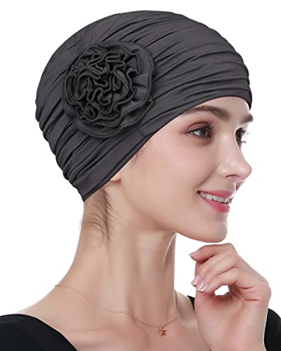 Alnorm Flower Design Chemo Hair Loss Caps Cancer Headwear for Women - color: Dark Grey