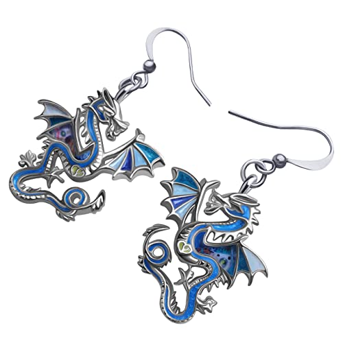 Enamel Alloy Dinosaur Fantasy Dragon Earrings Drop Dangle Unique Animal Jewelry For Women Dragons Gifts - color: Cobalt