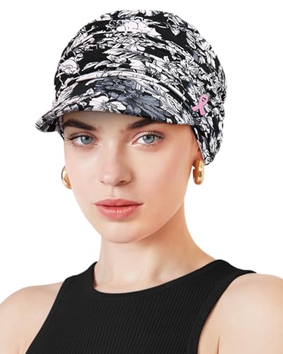 Chemo Headwear Viscose Newsboy Cap for Women Summer Hats - color: Black Blossoms