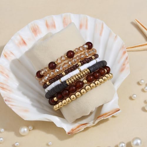 XIANNVXI 7pc Heishi Clay Bead Bracelets for Women Gold Plated Beaded Bohemian Stackable 6.8In Stretch Bracelets Elastic Layering Friendship Jewelry Boho Gift Set - color: Brown