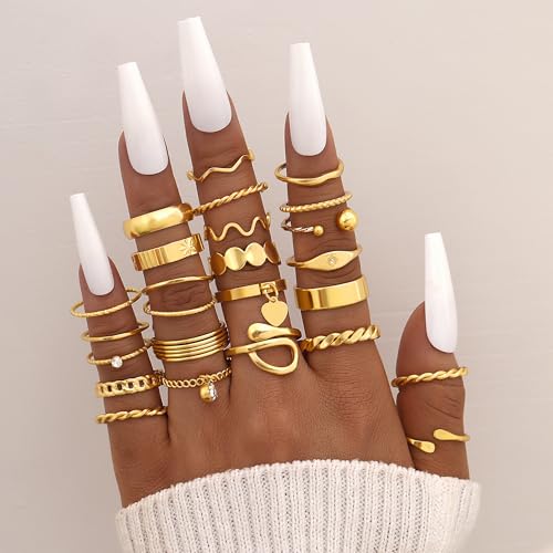 FAXHION 24-60 Pcs Gold Stackable Rings for Women, Knuckle Rings Chunky Gold Ring Set Dainty Stacking Cute Rings, Multiple Sizes Cute Jewelry Set Gift - style: Gold-24 Pcs01