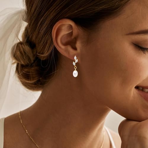 Pearl Earrings for Women, 14k Pearl Drop Dangle Earrings Gold Earrings for Women Trendy Cute Prom Bridal Earring Flower Long Earring Wedding Jewelry - color: style-5
