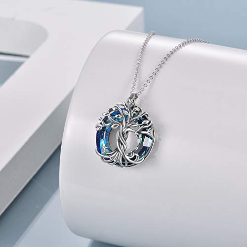 TOUPOP Tree of Life Necklace Gifts for Women 925 Sterling Silver Family Tree Pendant with Crystal Birthday Irish Jewelry Gifts for Women Her Wife Mom - color: 01-Blue Crystal-Silver Oxide