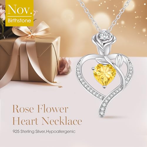 LOUISA SECRET Rose Flower Heart Birthstone Necklaces for Women, 925 Sterling Silver Jewelry, Pendant Heart Necklaces Birthday Anniversary Christmas Gift for Women Wife Mom Girlfriend Lady - color: White Gold-11-Nov