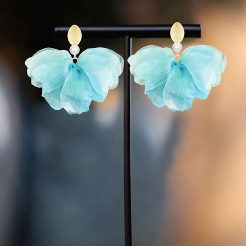 Handmade Fabric Flower Petal Fringe Dangle Drop Earrings Bohemian Floral Tassel Stud Earrings For Women - color: Light Blue