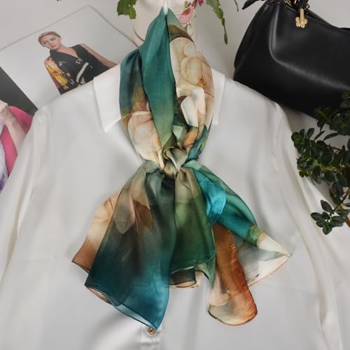 100% Mulberry Silk Women's Neck Silk Scarf-Lightweight Shawl,FLoral Print Beach Silk Wrap-Scarves for Photography - color: Blue Green
