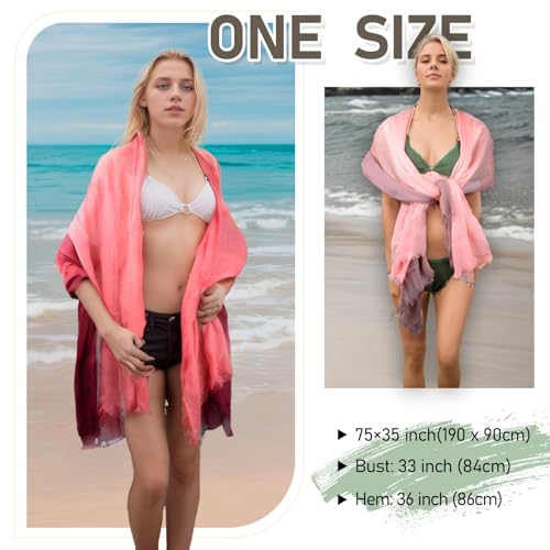 Two-tone Linen Scarf for Women Lightweight Summer Wrap Cotton Shawl Beach Travel Pashmina Gauze 75"×35" - color: Pink/Navy