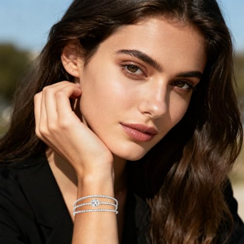 Women's Multi-Layer Rhinestone Cuff Bracelet Sparkling Crystal Tennis Bangle for Bridal Wedding Party - color: 1266 Silver