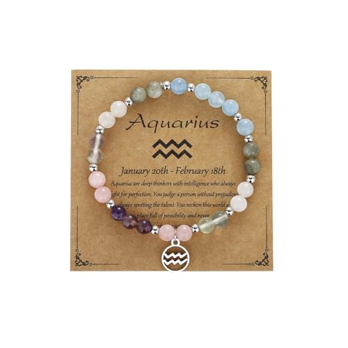 Zodiac Natural Stone Bracelet – Handmade Crystal Healing Bracelet with Zodiac Charm – Adjustable Beaded Jewelry Gift for Women Men Girls - color: Aquarius