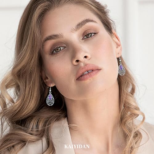 Silver Dangle Earrings For Women Trendy,Boho Cute Drop Western Earings,Vintage Gothic Ethnic Statement Beach Vacation Long Earrings with Leaf Teardrop Turquoise Crystal Tassels,Fashion Jewelry Birthday Gift. - color: A50) Purple Crystal Engarved Flower Dr