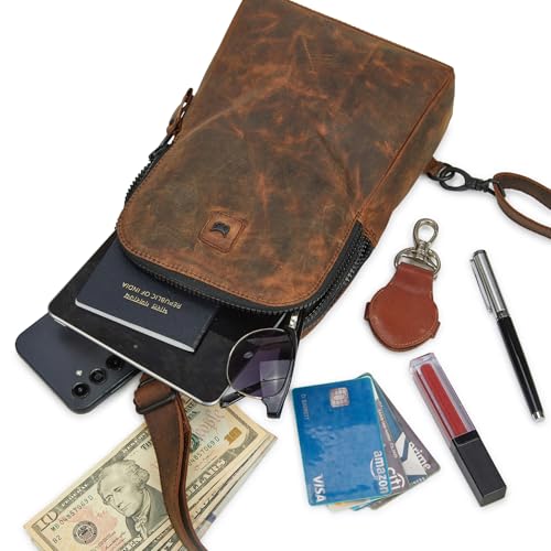 Leather Sling Bag for Women Genuine Crossbody Purse Small Trendy Cross Over Chest with Phone and Credit Card Slots (Cognac Crazy Horse) - color: Cognac Crazy Horse