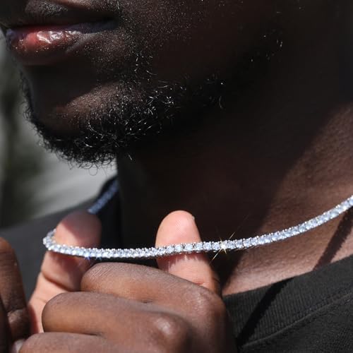 BREN Tennis Necklace - 3mm 4mm 5mm Iced Out Diamond Tennis Chain 5A Cubic Zirconia Necklace - 18K/White Gold Plated Flat Tennis Necklace for Women and Men Size 16"-22" - color: White Gold-4mm, size: 20 inch