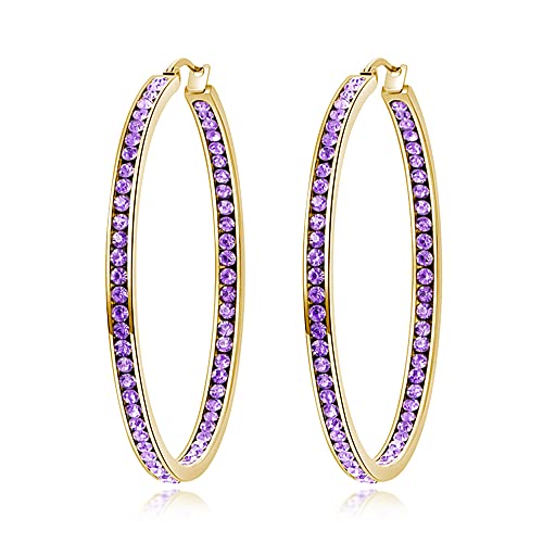 CiNily Mult-colors Crystal Stainless Steel Hoop Earring for Women Hypoallergenic Jewelry for Sensitive Ears Large Big Hoop Earrings 2" - color: Gold-Purple