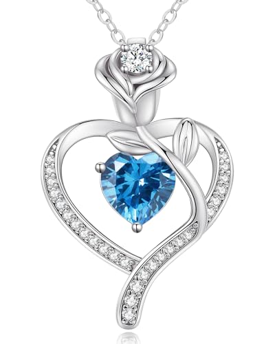 LOUISA SECRET Rose Flower Heart Birthstone Necklaces for Women, 925 Sterling Silver Jewelry, Pendant Heart Necklaces Birthday Anniversary Christmas Gift for Women Wife Mom Girlfriend Lady - color: White Gold-03-Mar