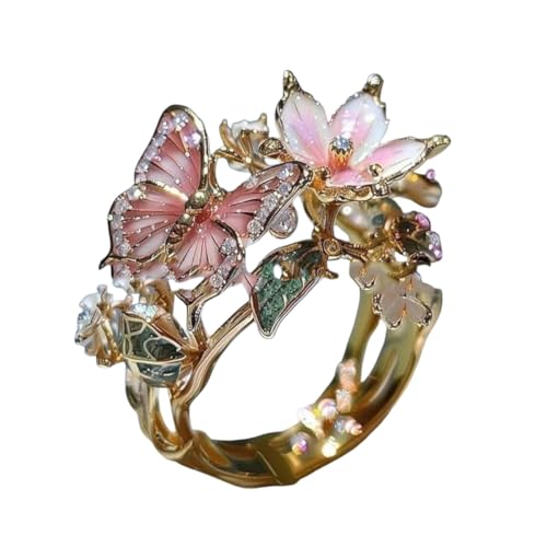 Butterfly Flower Ring for Women Enamel Flower Butterfly Finger Ring with Adjustable Opening Pink Ring Sparkling Fashion Flower Ring Christmas Birthday Party Prom Clothing Jewelry - color: Gold