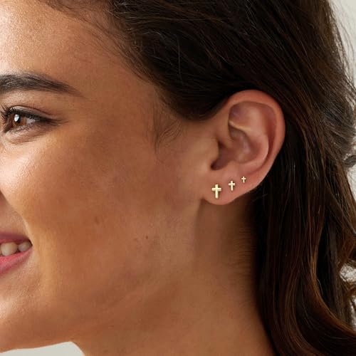 3 Pair Tiny Flat Back Earrings for Women - 14K Gold/White Gold Plated Dainty Cute Small Screw Flatback Stud Earring, Everyday Wear Gift - color: Cross Flat-4/5/6mm Gold