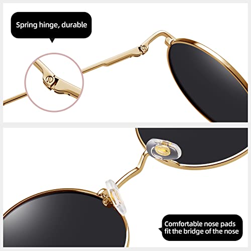 MEETSUN Small Round Polarized Sunglasses for Men Women Metal Retro Hippie Circle Sun Glasses Driving Festival Cosplay UV400 - color: Black / Grey + Gold / Grey
