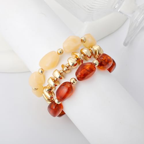 GOOJIDS Simple Beaded Gold Plated Bangles Bracelet Chunky Bamboo Tube Curved Stacking Clear Acrylic Colorful Beads Stretchable Gold Plated Bracelets Set For Women - color: T Brown&Beige Beads Set