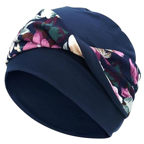 Women Knot Slouchy Beanie Chemo Hat Twist Stretch Cancer Head Wraps Sleep Head Scarf - color: Navy Blue Flowers