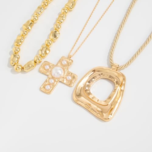 Chunky Necklace Stack Big Statement Necklace for Women Layered Large Oval Circle Cross Necklaces Stackable Boho Necklaces for Women Chunky Jewelry - style: A - cross oval