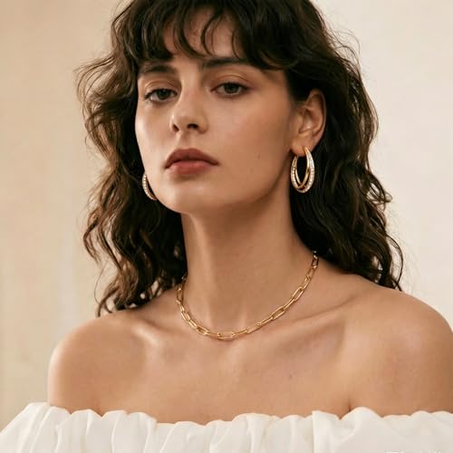 Parmuz 925 Sterling Silver Earrings Hoops for Women Ladies Simple Lightweight Twisted Medium Hoop Earrings With Cubic Zirconia Hypoallergenic Jewelry for Her - color: Gold