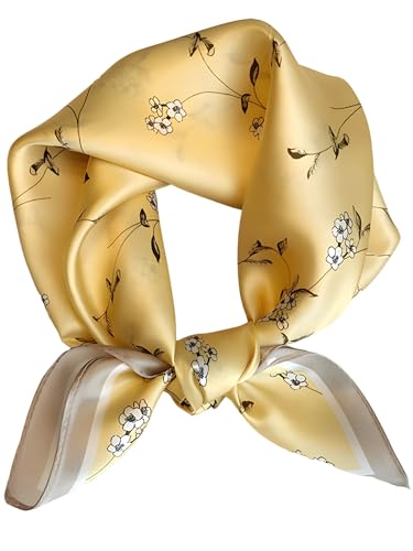 100% Mulberry Silk Scarf for Women Hair Lightweight Square Neckerchief Wrap For Head Scarves 21" - color: 15-bright Yellow Branches /21"*21"
