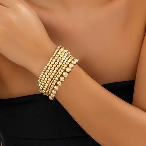 7PCS Layered Beaded Bracelets Set for Women Trendy Stretch Elastic Round Ball Beads Bangles Boho Chunky Gold Stackable Bracelets Dainty Jewelry for Gifts - color: Gold