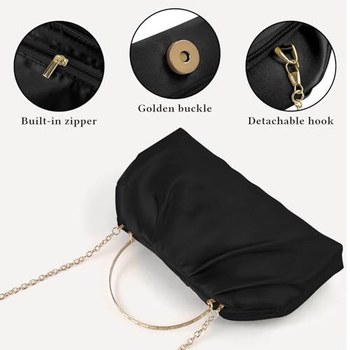 ERKOON Clutch Purse for Women Elegant Pleated Evening Bag Crossbody Shoulder Handbag Envelope Bag with 2 Detachable Chain - color: Black