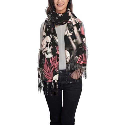 Skull Mushroom Hippie Scarf for Women– Winter Shawl with Tassels, Cozy Wrap for Women’s Festival & Casual Wear - color: Skull Hippie Mushroom