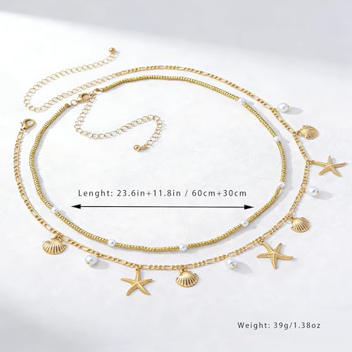 Gold Waist Chain for Women - 2Pcs Layered Body Chain Jewelry with Pearl Shell Beads, Adjustable Mermaid Belly Chain & Bohemian Waist Beads for Beach Summer Vacation Body Jewelry - style: gold shell style