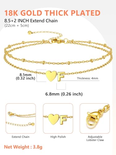 Silvora Ankle Bracelets for Women Waterproof 14K Gold/Silver/Black Initial Anklet for Women Dainty Layered Heart Ankle Bracelets Stainless Steel Adjustable Foot Chain Anklet Summer Beach Jewelry - color: Gold-14K Gold Plated, size: 06.F