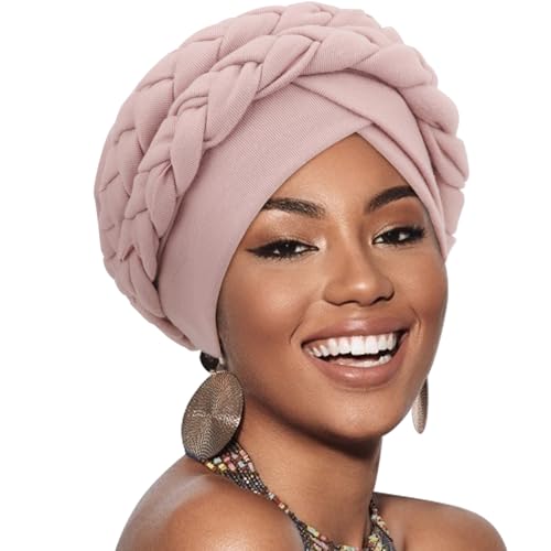 African Women Turban Caps Pre-Tied Twisted Turbans Head Scarf for Women Hair Wraps Cover Beanie Cancer Chemo Headwear - color: 1 Pack Double Twisted Braid: Flesh Pink