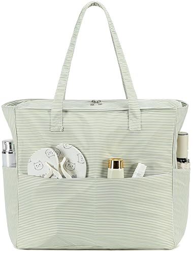Bluboon Waterproof Beach Tote Pool Bags for Women Ladies Extra Large Carry On Bag With Wet Compartment for Weekender Travel - color: Grass Green White Grid Stripes