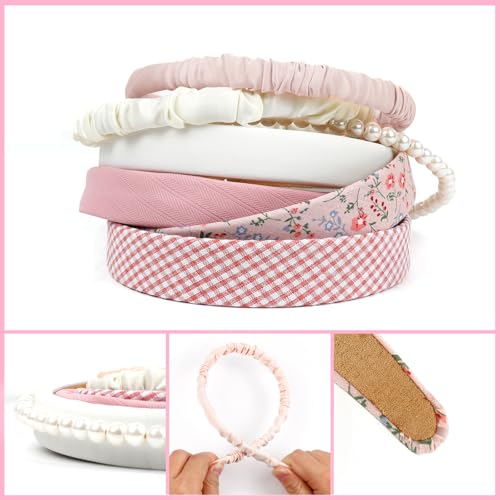 7 Pcs Headbands for Women Non Slip Headband Pink Knotted Headband for Women Pearl Headbands Different Fashion Headbands Hair Accessories - color: Pink