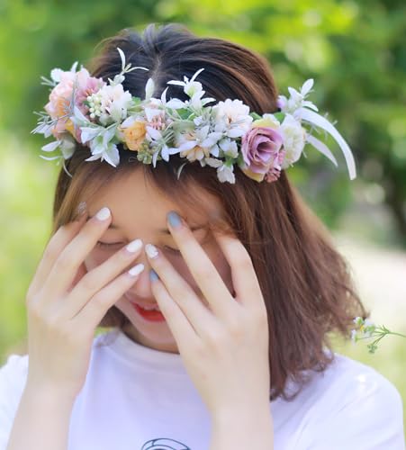 Vivivalue Fairy Flower Crown Woodland Headband Elf Floral Headpiece for Women Forest Even Circlet Halloween Renaissance Wedding Bridal Cosplay Prom Photo Props Beige - color: 7