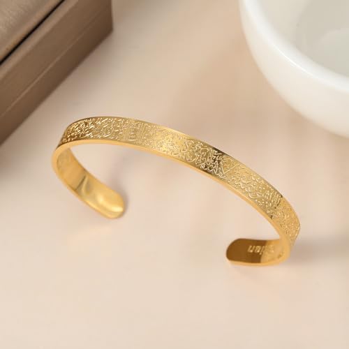 Qitian Islamic Jewelry Gifts for Women Allah Gold Bangles Bracelets Ayatul Kursi Arabic Cuff Bracelet for Women Men Islam Eid Ramadan New Year Gifts - color: E-Gold-Thick-men