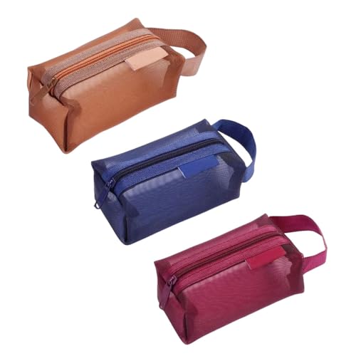 3pcs Portable Square Mesh Storage Bag,Zippered Cosmetic Bag,Small Square Mesh Coin Purse Travel Storage Carry Pouch(Red, Brown, Dark Blue) - color: Red+Brown+Dark Blue