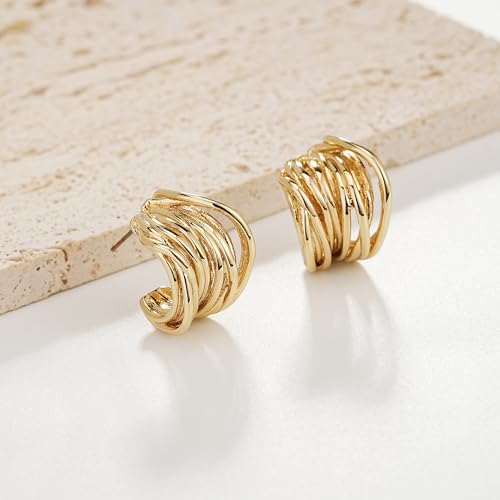 Sylph Chunky Gold Earrings 14K Gold Plated Statement Earrings for Women Trendy Hypoallergenic Textured Hoop Ribbed Huggie Earrings - style: Strand Twisted-14K Gold Plated