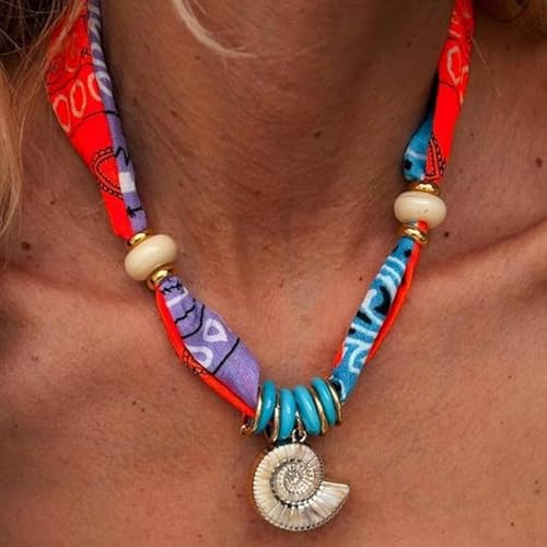 Scarf Necklace with Charm Gold Starfish Chunky Cross Heart Flower Pendants Bandana Charm Necklace Western Scarf for Women Boho Cowgirl Country Cowboy Accessories Beach Vacation Vacation Outfits Jewelry - color: C5-Scarf Necklace With Conch Charm