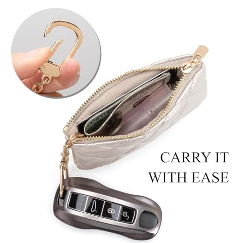 Quilted Leather Coin Purse with Keychain - Small Coin Pouch Key Pouch Small Card Holder Keychain Wallet Change Purse for Women and Men (Champagne Silver) - color: Champagne Silver