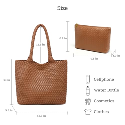 Woven Tote Bag for women,Vegan Leather Woven Satchel Handbag,Shoulder bag with Pouch,Hobo bag fits13-14” laptops - color: Brown