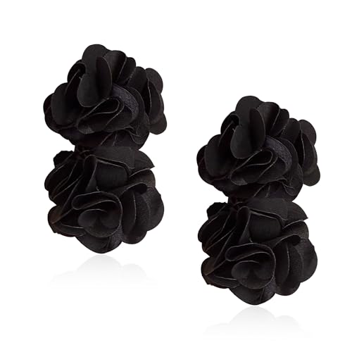 Oversized Fabric Flower Earrings for Women Statement Boho Chic Dangle Drop Earrings for Parties Weddings or Everyday Wear - color: Black