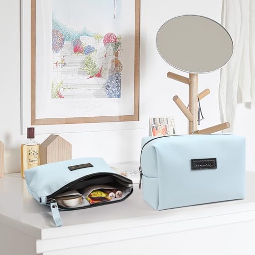 MAANGE Cosmetic Bags for Women Small Makeup Bag for Purse Pu Leather Makeup Pouch Travel Makeup Bag with Zipper Make Up Bag for Travelling - color: 2PCS Blue